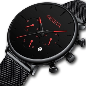 Close-up of black Geneva watch dial with red hands and mesh strap detail