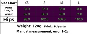 Size chart for satin shorts with lace trim including waist and hip measurements