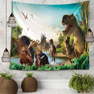 Detailed realistic 3D dinosaur landscape tapestry on a textured grey wall with decor