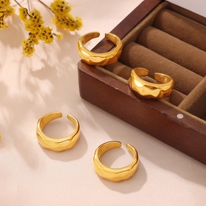 Wide irregular hammered texture 18k gold plated stainless steel open ring for women