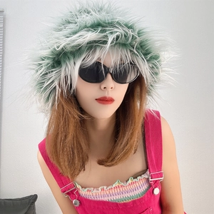 Close-up of green and white faux fur bucket hat texture and plush winter material