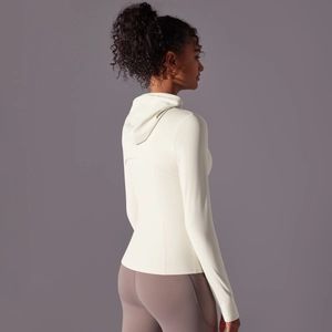 Detail view of hooded sun protection jacket with slim fit cut and back seam stitching