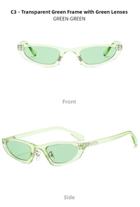 Detail view of vintage cat-eye sunglasses in transparent green frame and lenses