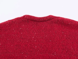 Vue macro du tricot rouge foncé avec paillettes argentées scintillantes et col rond