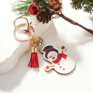 Christmas snowman keychain with red tassel, sequins ball and festive decorative charms
