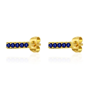 Gros plan détaillé de boucles d'oreilles dorées avec six pierres de zircon bleu serties