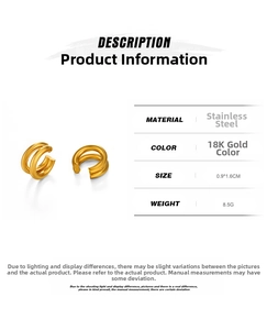 Macro detail of double-layer stainless steel ear cuffs in 18K gold finish, size 0.9x1.6cm