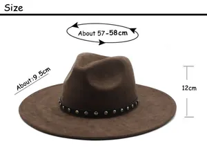 Size chart for dark brown wide brim fedora hat with silver rivets and ribbon