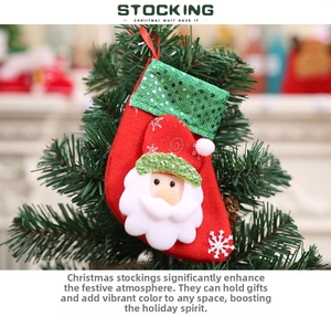 Detail of red Christmas stocking with green sequins and Santa Claus hanging on tree