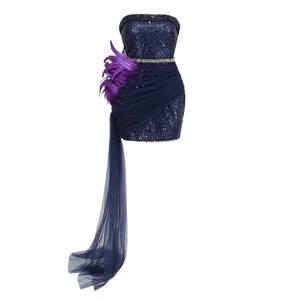 Détail de robe à paillettes bleue avec plumes violettes et traîne en tulle longue
