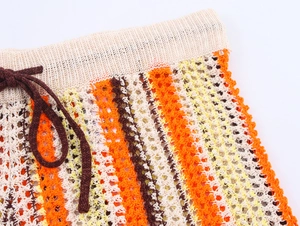 Détail d'un short en maille crochetée à rayures verticales et taille avec cordon
