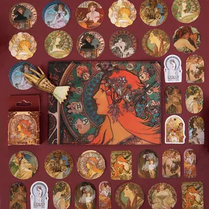 Vintage Alphonse Mucha art stickers set in decorative box for scrapbooking and DIY crafts