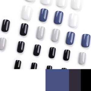 Glossy short press-on nails in black, white, gray, and blue colors with round square shape