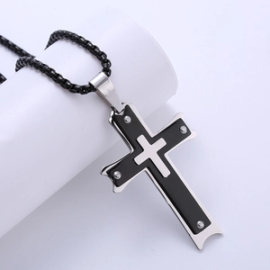 Men 316L Stainless Steel Triple Layer Cross Pendant Necklace Rivet Industrial Punk Style Religious Jewelry