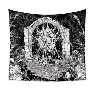 Bohemian gothic skull tapestry with melting stone gate and withered trees for wall decor