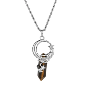 Silver crescent moon and star pendant necklace with tiger eye stone hexagonal prism