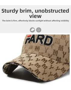 Detail of khaki baseball cap featuring 3D FARD embroidery and jacquard fabric texture