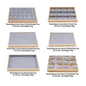 Wooden jewelry display tray set with velvet lining for rings and necklaces, 35x24x3cm