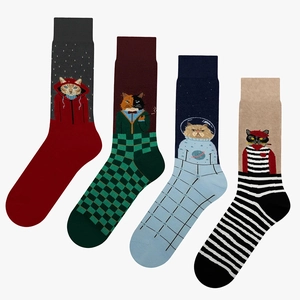 Creative Cartoon Cat Jacquard Crew Socks For Men Women Cotton Blend Fashion Animal Pattern Casual Mid Calf Socks