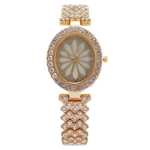 Luxurious gold oval women's watch with crystal diamonds and floral dial design