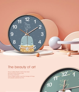 Artistic round cartoon wall clock with whale illustration for kids room decoration