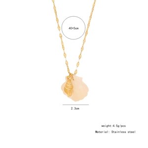 Detailed view of stainless steel shell necklace with size and weight specifications