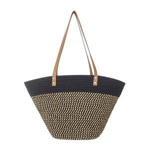 Large woven cotton tote bag in contrast black and beige with faux leather handles