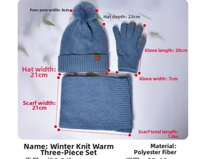 Detail view of fog blue winter knit set showing dimensions of hat, scarf and gloves