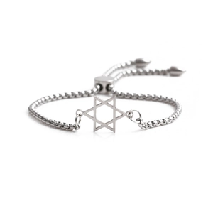 Detailed close-up of silver steel bracelet with Star of David and adjustable chain