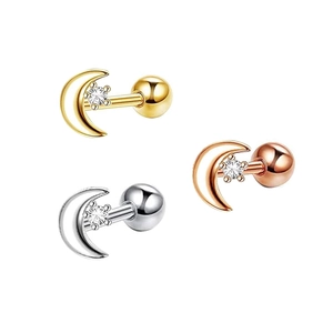 Stainless Steel Crescent Moon Zircon Helix Piercing Stud Dainty Tiny Tragus Earring Internal Threaded Screw Ball Back