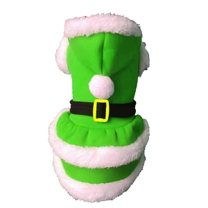 Detail of green fleece Christmas pet dress with white fur trim and decorative black belt