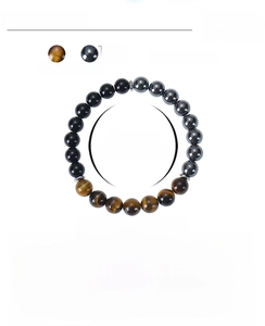 Detail view of 8mm tiger eye and obsidian beads on triple-layer protection bracelet