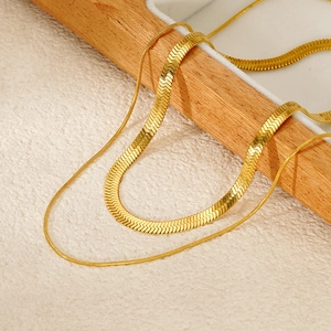 Double Layered Snake Bone Chain Necklace Stainless Steel 18K Gold Plated Minimalist Herringbone Flat Jewelry For Women