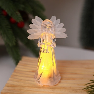 Close-up of LED glowing crystal angel ornament with warm light and mesh wings for Christmas