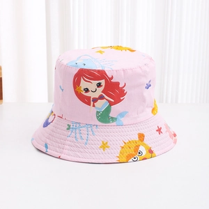 Detail of pink cotton sun hat featuring cartoon mermaids and marine life patterns