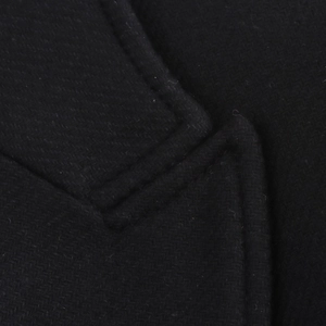 Macro view showing the detailed twill texture and stitching on the black coat fabric