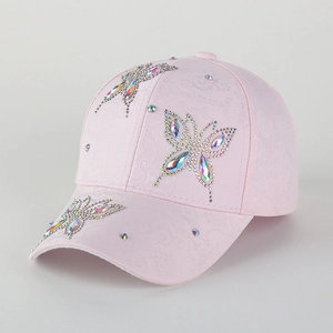 Pink baseball cap with butterfly rhinestones and elegant jacquard fabric for women