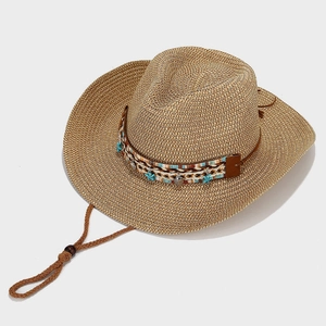 Bohemian straw cowboy sun hat with starfish pendants and adjustable wind cord