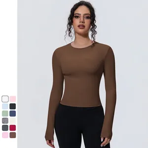 Haut de Sport Femme Manches Longues Coupe Ajustée Couleur Unie Respirant Nylon Élasthanne Yoga T-Shirt Fitness Course Entraînement
