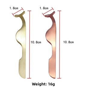Detailed dimension guide for ergonomic gold and rose gold eyelash applicator tweezers