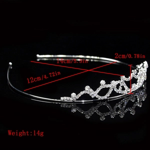 Detailed dimensions showing 14cm length and 14g weight for bridal rhinestone crown