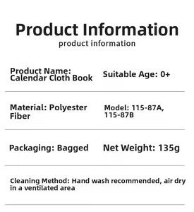 Detailed product specifications and washing guide for the polyester baby cloth book toy