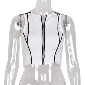 Slim fit white sleeveless cropped top with front zipper and vertical black stripes