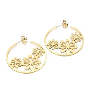 Hollow Flower Hoop Earrings Titanium Steel Large Circle Chic Trendy Jewelry For Women