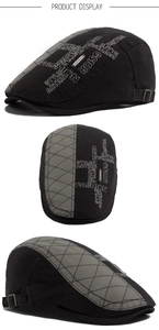 Detail view of vintage cotton blend newsboy cap with embroidery and metal buckle