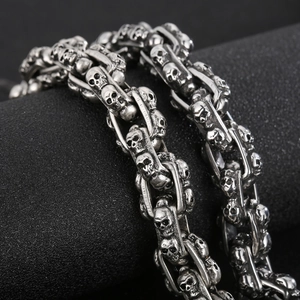 Punk vintage silver skull head bracelet in grid chain style for men made of titanium steel