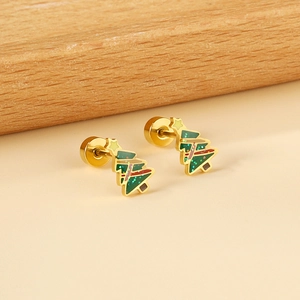 Christmas tree stud earrings with green enamel and glitter on a neutral background
