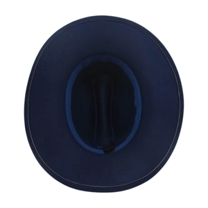 Detailed interior of a navy blue wide-brim felt hat showing the sweatband and label