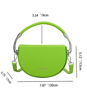 Detailed size specifications for the green leather saddle bag with metal handle