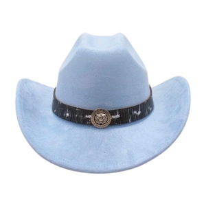 Detail of light blue felt cowboy hat featuring silver lion head buckle on black leather band